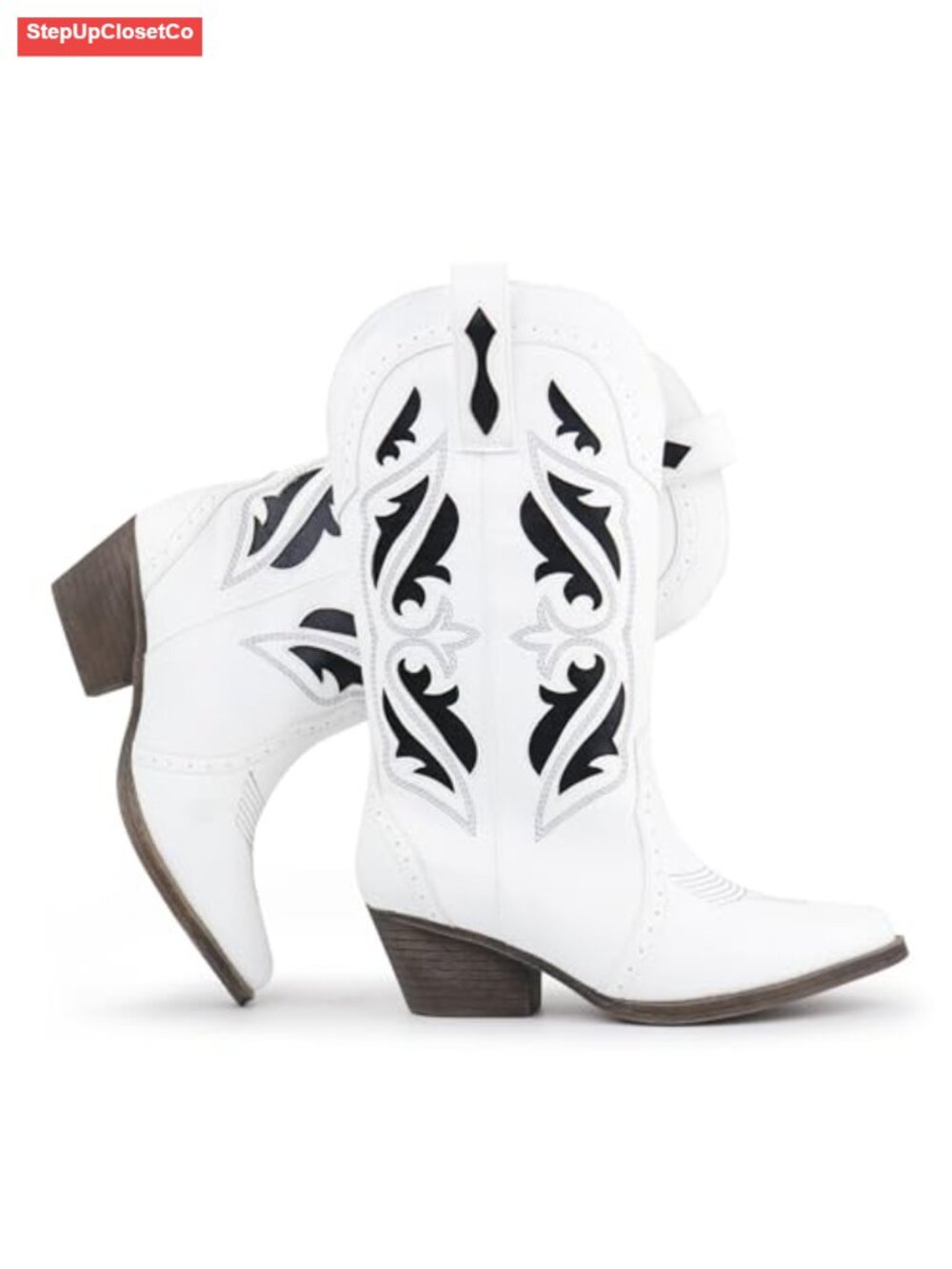 Women's Embroidered Western Cowboy Boots Pointed Toe Chunky Block Heel Mid Calf